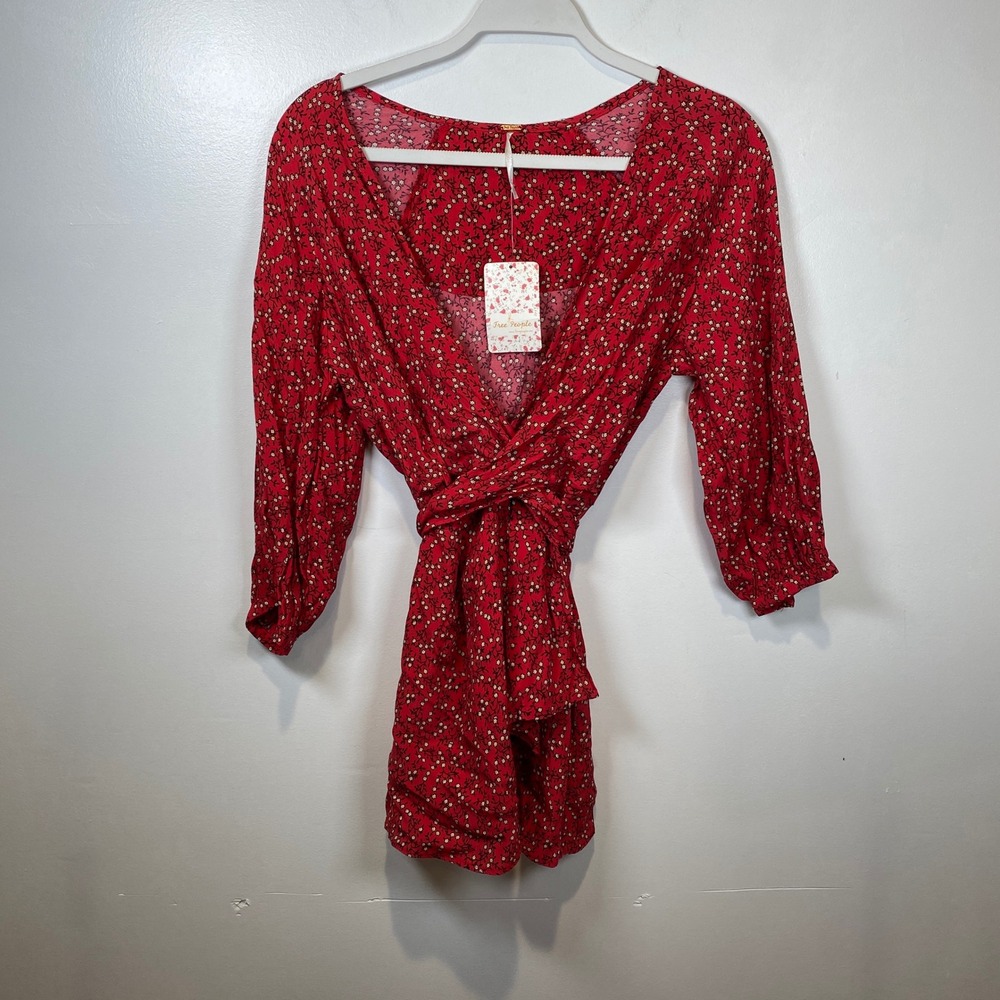 NWT Free People‎ Floral Print 3/4 Sleeve Red shirt blouse XS